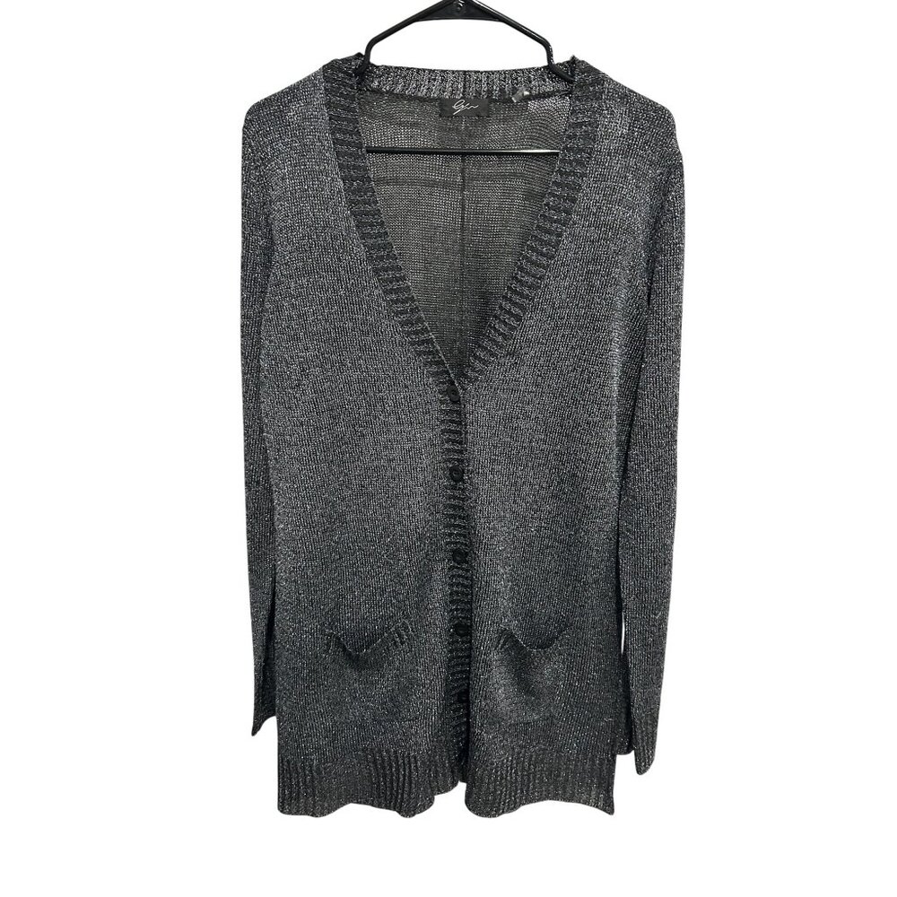 Silver Metallic Shimmer V-Neck Button Cardigan Sweater Size XL Glam Lightweight